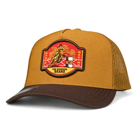 Gorra Ranch & Corral Barrel Racing mostaza, vista tres cuartos. SKU 7506552411668.