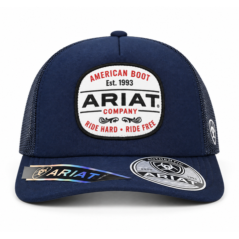 Gorra ARIAT azul marino con parche American Boot Company, vista frontal