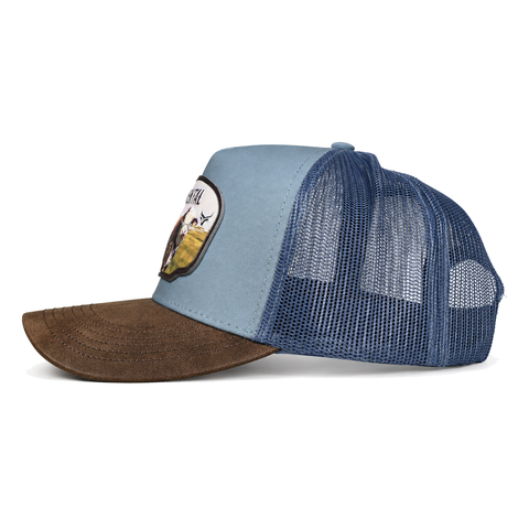 Gorra Ranch & Corral Simmental azul con visera café, vista lateral izquierdo. SKU 7506552413327.