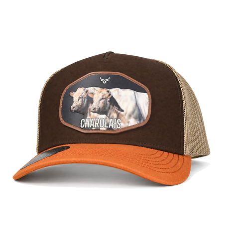 Gorra Ranch & Corral Charolais café con visera naranja, vista tres cuartos. SKU 7506552413341.