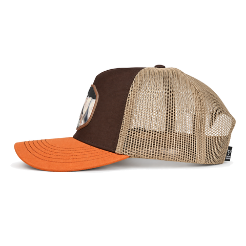 Gorra Ranch & Corral Charolais café con visera naranja, vista lateral izquierdo. SKU 7506552413341.