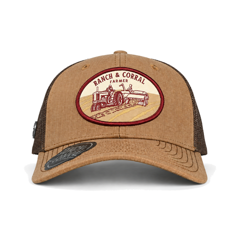 Gorra Ranch & Corral Farmer tractor café, vista frontal. SKU 7506552407470.