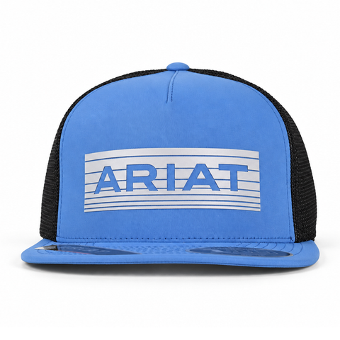 Gorra ARIAT azul con malla negra y visera plana, vista perfil