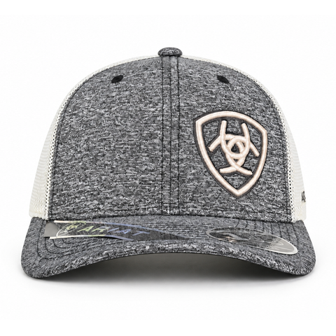 Gorra ARIAT gris jaspeada con malla blanca, vista frontal