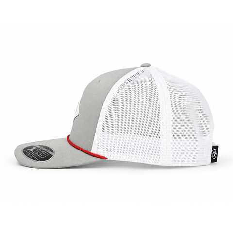 Gorra ARIAT gris con malla blanca y cordón rojo, vista lateral-derecho