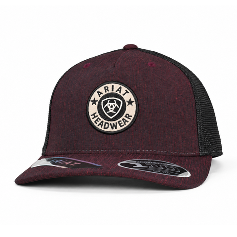 Gorra ARIAT vino con malla negra y parche circular, vista perfil