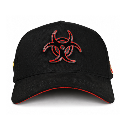 MONEY MAKERS X REY CAPS VIRUS LAB, gorra negra, vista frontal, sobre fondo blanco.