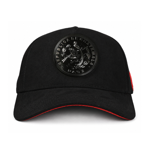 MONEY MAKERS X REY CAPS CENTENARIO, gorra negra, vista frontal, sobre fondo blanco.