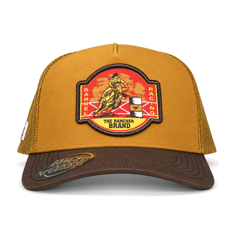 Gorra Ranch & Corral Barrel Racing mostaza, vista frontal. SKU 7506552411668.