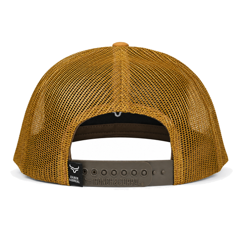 Gorra Ranch & Corral Barrel Racing mostaza, vista trasera. SKU 7506552411668.