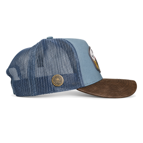 Gorra Ranch & Corral Simmental azul con visera café, vista lateral derecho. SKU 7506552413327.
