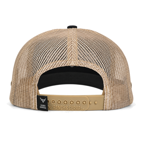 Gorra Ranch & Corral Siberian Husky azul marino con visera verde oliva y malla crema, vista trasera. SKU 7506552413396.
