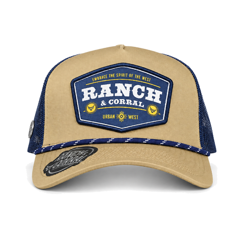 Gorra Ranch & Corral Ranch & Corral beige con malla azul, vista frontal. SKU 7506552409511.