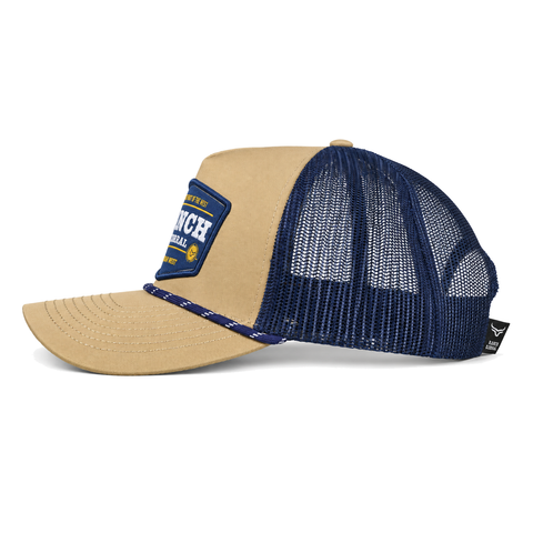 Gorra Ranch & Corral Ranch & Corral beige con malla azul, vista lateral izquierdo. SKU 7506552409511.