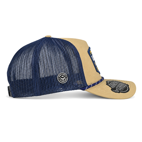 Gorra Ranch & Corral Ranch & Corral beige con malla azul, vista lateral derecho. SKU 7506552409511.