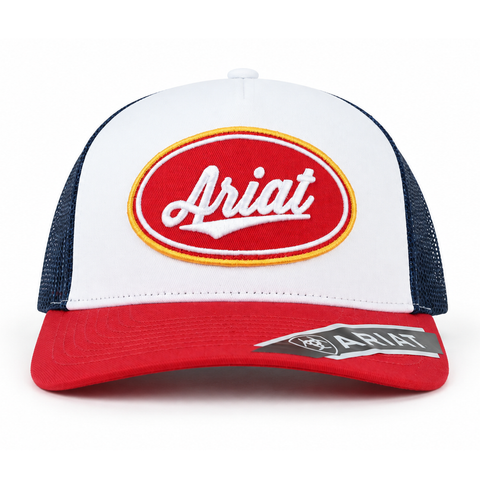 Gorra ARIAT blanca con visera roja y malla azul marino, vista frontal