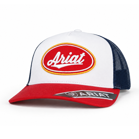 Gorra ARIAT blanca con visera roja y malla azul marino, vista perfil