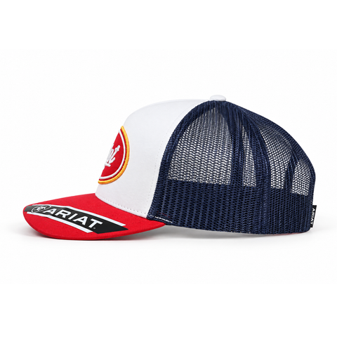 Gorra ARIAT blanca con visera roja y malla azul marino, vista lateral-derecho