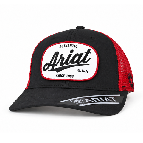 Gorra ARIAT negra con malla roja y parche blanco, vista perfil