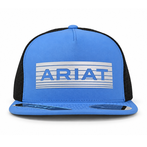 Gorra ARIAT azul con malla negra y visera plana, vista frontal