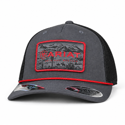 Gorra ARIAT gris y negro con detalles rojos, vista de perfil